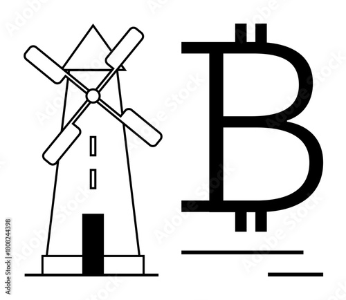 Windmill next to bold Bitcoin symbol representing renewable energys role in powering cryptocurrency. Ideal for finance, technology, sustainability, innovation, digital economy, blockchain, renewable