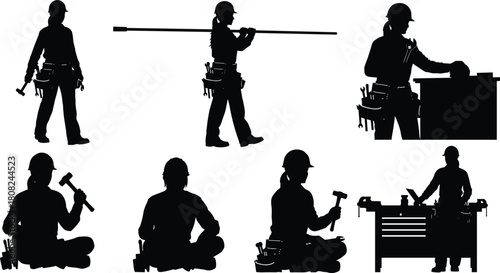 Female worker silhouette set, woman in hard hat with tools, carpenter working at workbench, carrying pole, sitting, strong female labor, isolated vector collection.