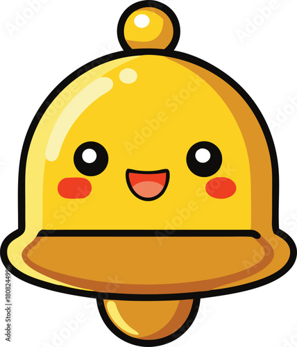 Cute kawaii golden bell character with happy face and rosy cheeks