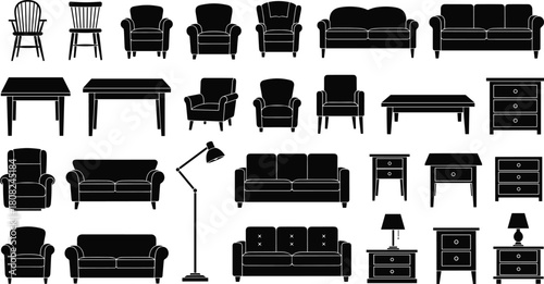 Furniture silhouette set, black chair and sofa vector collection, table and lamp icons, home interior design elements, isolated living room objects for house planning.