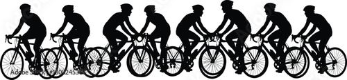 Group of black cyclist silhouettes riding road bikes in a race competition isolated on white background for sport, fitness, and athletic vector illustration design.
