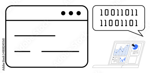 Web interface with communication panel showing binary code, laptop displaying analytics, graphs. Ideal for coding, communication, data analysis, technology, IT development, programming digital