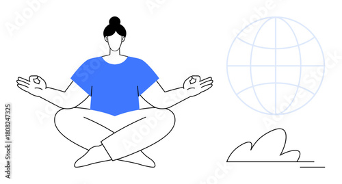 Woman sitting cross-legged meditating, hands in zen mudra, globe in background with small plant at side. Ideal for mindfulness, wellness, relaxation, global harmony, inner peace, mental health