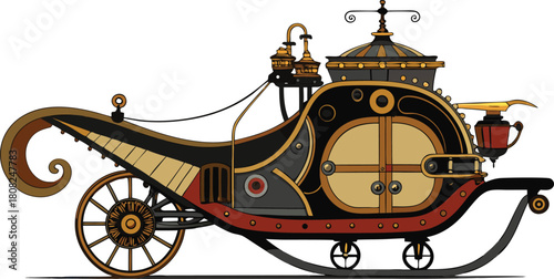 Ornate steampunk carriage with elaborate details and wheels