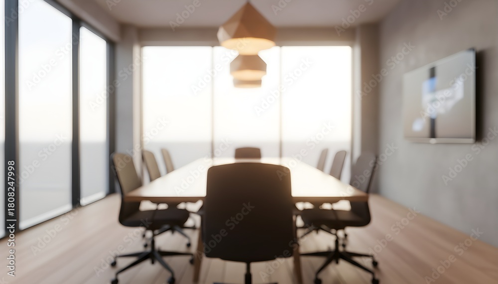 Fototapeta premium Modern boardroom with large windows and conference table, perfect for meetings and presentations