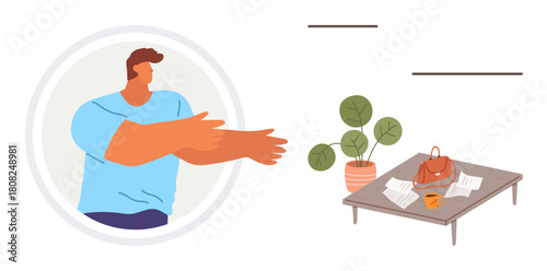 Person with outstretched arms mid-discussion next to a minimalistic table setup featuring documents, a coffee cup, a plant, and a bag. Ideal for team collaboration, workplace, communication, design