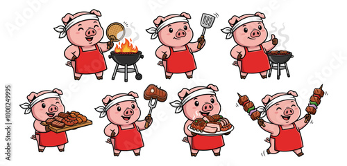 Happy Pig Chef Mascot Cartoon Grilling BBQ Meat Set
