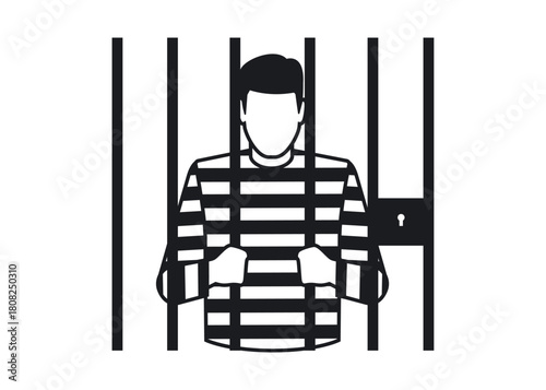 Prisoner in striped shirt standing in jail cell stock illustration.