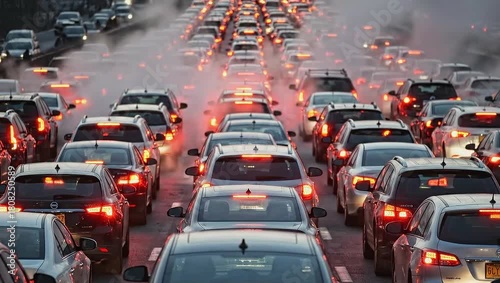 Heavy traffic jam on highway with smoke pollution from vehicles during rush hour