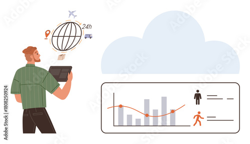 Man holding tablet analyzing global delivery data, tracking goods, cloud integration, and visualization of trends. Ideal for logistics, analytics, cloud storage concepts, global business, technology