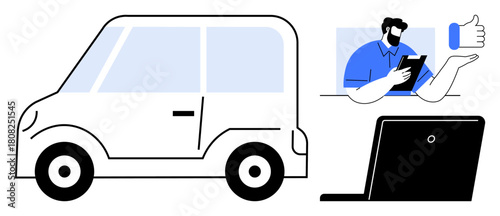 Compact car, man with tablet giving thumbs up, desktop monitor. Ideal for transportation, customer feedback, digital interaction, online reviews, remote services, technology reliance simple flat