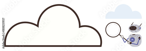Cloud outline analyzed by AI robot with magnifying glass symbolizing investigation of cloud storage and technology. Ideal for tech, AI, cloud computing, research, SaaS, data analytics, innovation
