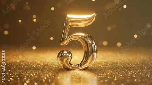 Golden metallic number 5 standing on a sparkling glitter surface with warm bokeh lights in the background