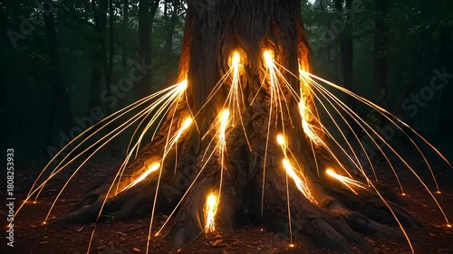 Sparks fly from the base of a tree in a dark forest, creating a mesmerizing light show at night.
