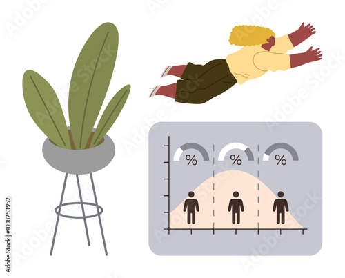 Woman flying over a bell curve graph with percentages, next to a potted plant. Ideal for concepts thumbs up success, personal growth, analytics, progress, leadership, innovation, simple flat metaphor