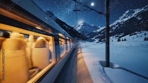 Train traveling through snowy mountains at night, concept of winter travel  