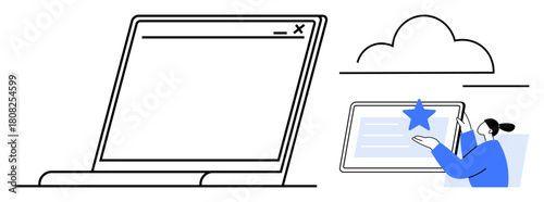 Person tapping tablet screen under a cloud, large laptop window beside. Ideal for technology, cloud computing, digital interaction, remote work, content creation, innovation, simple flat metaphor