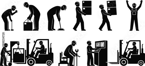 Industrial worker silhouette set, featuring factory and warehouse laborers, forklift drivers, machine operators, and men lifting heavy boxes, an isolated vector icon collection.