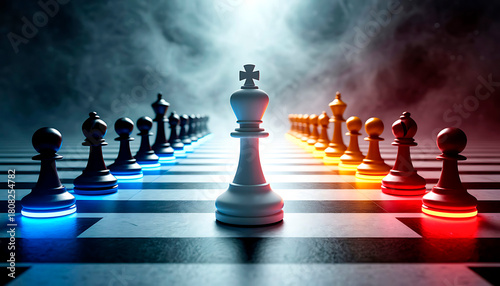 Chess king piece positioned on a clear path between two opposing sides, representing strategy, conflict, and decision