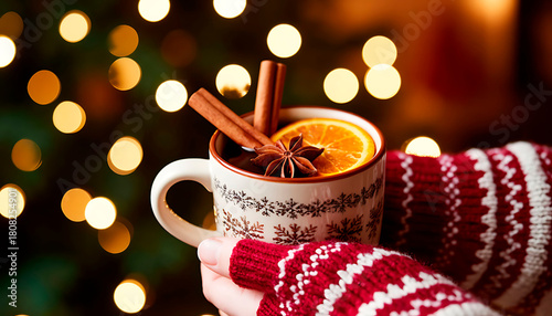 Hands in red sweater holding a festive mug with mulled wine or spiced tea, garnished with orange, star anise, and cinnamon