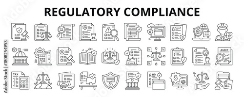 30 Regulatory Compliance Line Icons Vector - Policy Rule, Security Standard, Law Enforcement, Code Ethics, Corporate Governance, Business Regulation