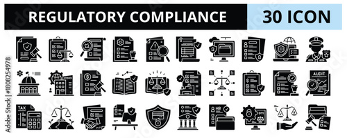 30 Regulatory Compliance Glyph Icons Vector - Policy Rule, Security Standard, Law Enforcement, Code Ethics, Corporate Governance, Business Regulation