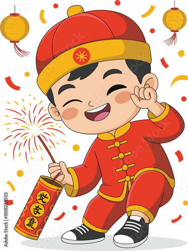 Happy cartoon boy celebrating Chinese New Year with firecracker, traditional costume illustration full of festive joy and decorations