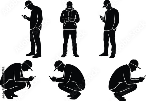 Man silhouette set, a person standing and crouching while using a smartphone, a casual male figure wearing a hoodie and baseball cap, isolated vector illustration.