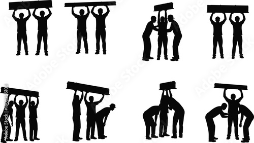Men silhouettes carrying heavy object, team of workers lifting beam, group moving, manual labor and teamwork, vector icon set, isolated on white background.