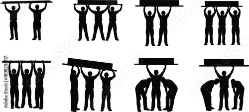 Men silhouette set carrying heavy object, team of workers lifting, group moving beam or furniture, construction teamwork, manual labor vector icons, isolated white.