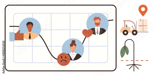 Line graph showing morale trends with employee icons, thumb up and heart, forklift moving goods, withering plant. Ideal for analytics, morale, logistics, growth, impact trends business progress