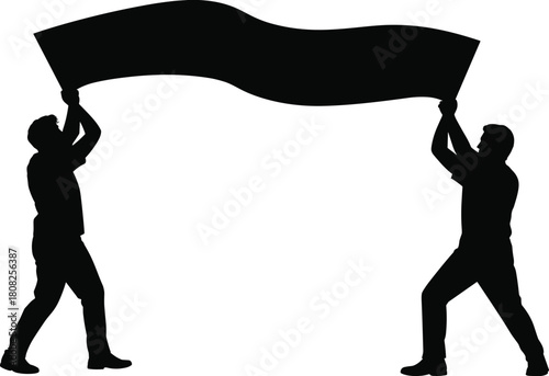 Silhouette of two men holding blank waving banner, teamwork and communication concept, protest or business advertising sign, vector illustration, unity and cooperation