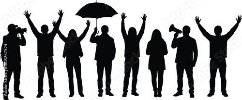People silhouette collection, featuring a crowd protesting or cheering, men with raised hands, a megaphone, a camera, and a woman holding an umbrella, isolated vector.