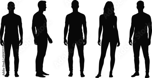 People silhouette set, black vector figures of men and women standing, isolated human bodies for casual fashion, group of young adults, and model pose icon.
