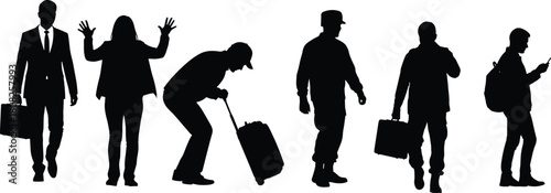 People silhouettes collection, businessman with briefcase, traveler pulling luggage, man in uniform, woman with hands up, character set, vector illustration, isolated on white.