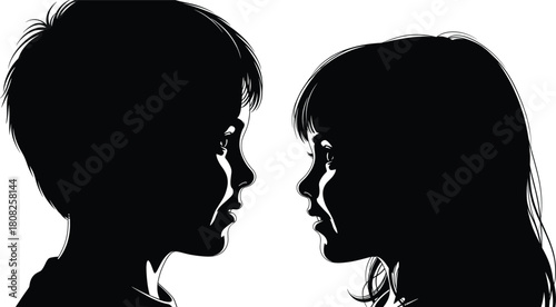 Silhouette of young boy and girl facing each other, side profile vector illustration, friendship, love, relationship, childhood connection, communication concept