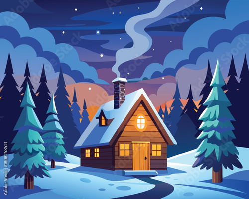 Cabin in winter forest at night