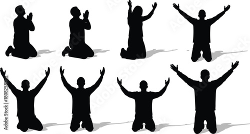 Praying silhouette set, religious people kneeling, worshiping man with raised hands, spiritual faith icon, christian belief concept, black vector illustration, isolated on white background.