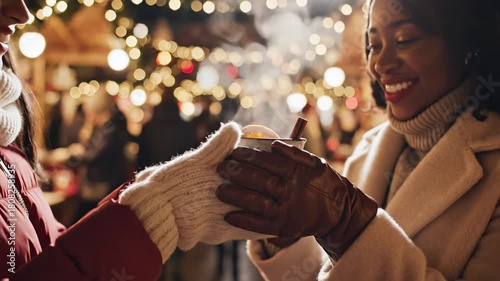 Two friends sharing a warm drink at a festive winter market  