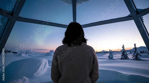 Woman gainst the panoramic glass wall of a minimalist glass igloo. Fading Aurora and a nascent sunrise.