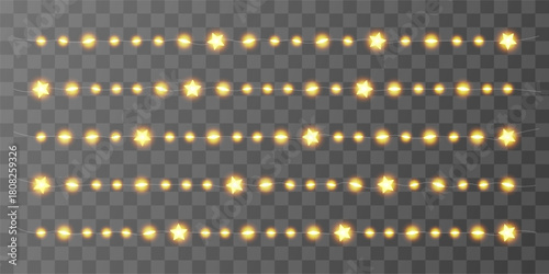 3d warm lamp, isolated noel element. Star light string, fairy bulb garland. Merry Christmas frame png, glitter festoon vector. Luxury lantern ribbon, yellow lamp chain, magic new year celebrate border