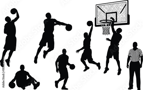 Set of basketball player silhouettes including dunking shooting dribbling men referee and hoop backboard isolated on white background for sport competition vector illustration design art.