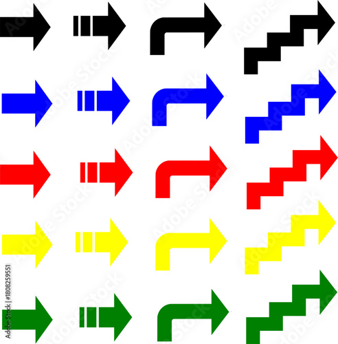 矢先短めのシンプルで使いやすい4種矢印(シンプル、破線、曲がり、ジグザグ)、5色セット(赤、黒、青、緑、黄)