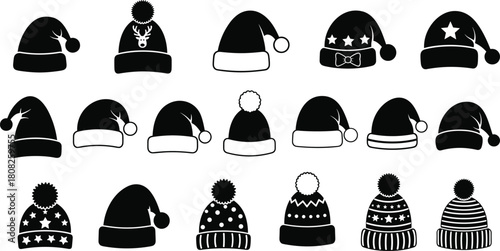 Set of black Christmas hat silhouettes including Santa caps and winter beanies isolated on white background for holiday season vector illustration design graphic art.