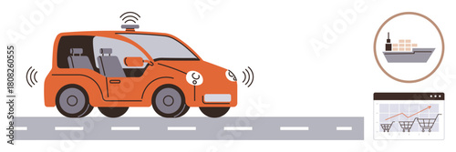 Self-driving car driving on road with wireless signals, icons of cargo ship and e-commerce analytics. Ideal for transportation, connectivity, technology, innovation, automation, logistics, and future