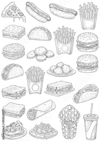 Hand-Drawn Fast Food Sketch Vector Pack - Restaurant Menu Icons & Snack Doodle Set