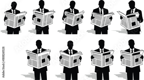 Set of businessman silhouettes, a collection of men in suits reading a newspaper, an isolated black and white vector illustration for news, media, or finance.