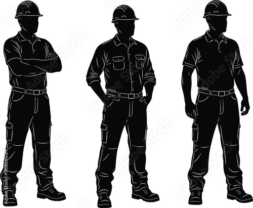 Set of construction worker silhouettes, a collection of builders in hard hats and work clothes, standing in various poses, arms crossed, isolated vector.