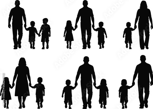 Set of family silhouettes showing parents holding hands with children walking forward, including fathers, mothers, sons, and daughters isolated on white background vector illustration.
