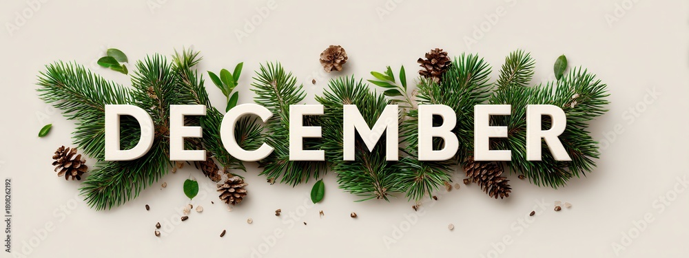 Obraz premium Vibrant photo of festive december text with pine branches and cones isolated on white background